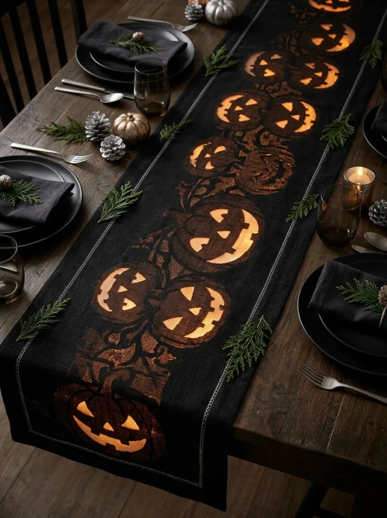 Illuminated Jack Skellington Table Runner - halloween christmas decorations (Monochrome gothic table runner with candelabras and white poinsettia blossoms)