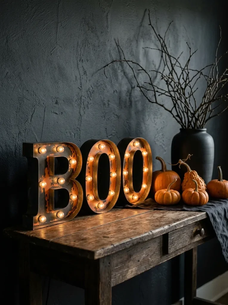 Illuminated Marquee Light-Up Halloween Signs - halloween signs (Vintage industrial metal marquee letters spelling TRICK OR TREAT with warm Edison globes on fireplace mantel)
