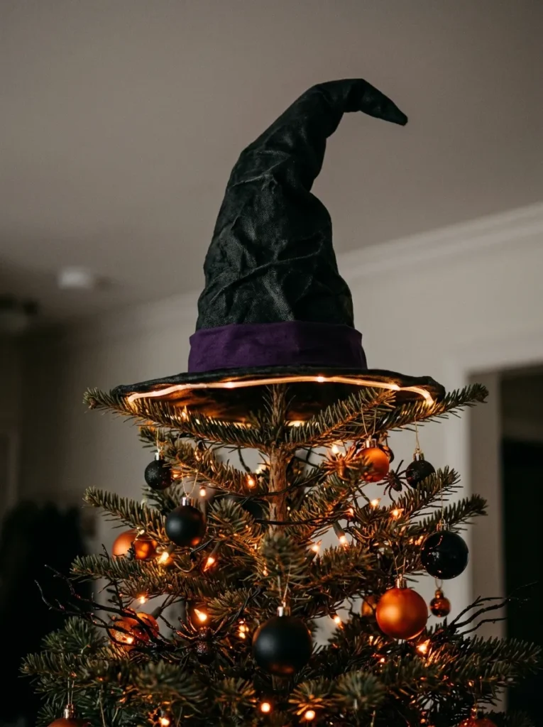 Illuminated Tree Topper Witch Hat Finial - halloween ornament (Elaborate tall black crushed velvet witch hat tree topper adorned with purple feathers and warm LED lights)