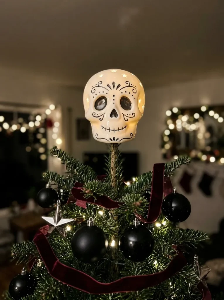 Jack Skellington Glowing Tree Topper - halloween christmas decorations (Illuminated 3D Jack Skellington head with Santa hat crowning hybrid tree)