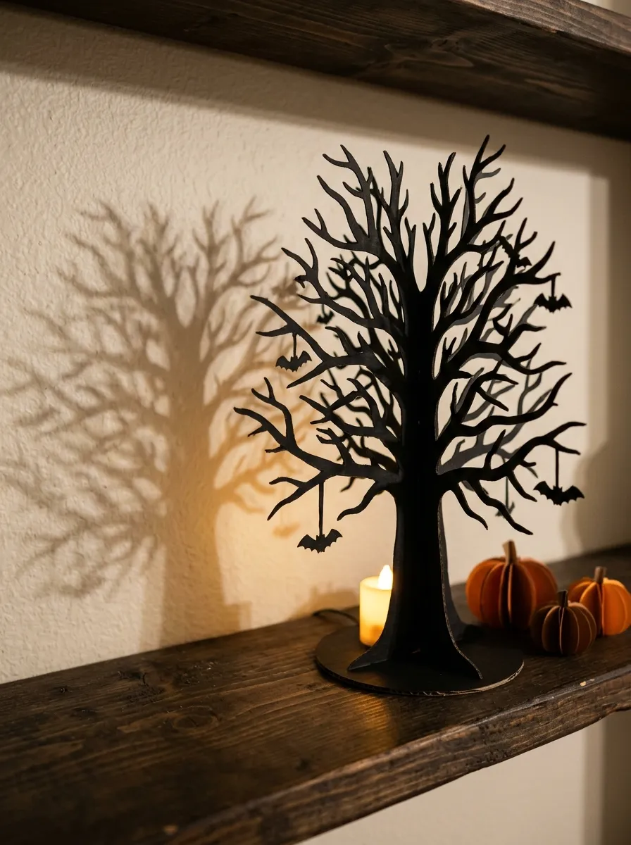 Laser-Cut Cardboard Tabletop Shadow Tree - halloween spooky tree (Interlocking matte black cardboard branch silhouette casting dynamic shadows on wall beside candle)