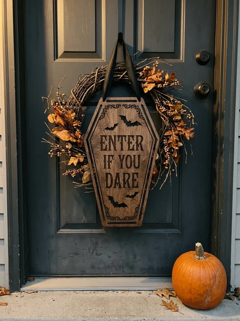 Laser-Cut Wooden Coffin Door Plaque - halloween signs (Laser-cut cedar wood coffin front door sign engraved with gothic welcome greeting and eucalyptus wreath)