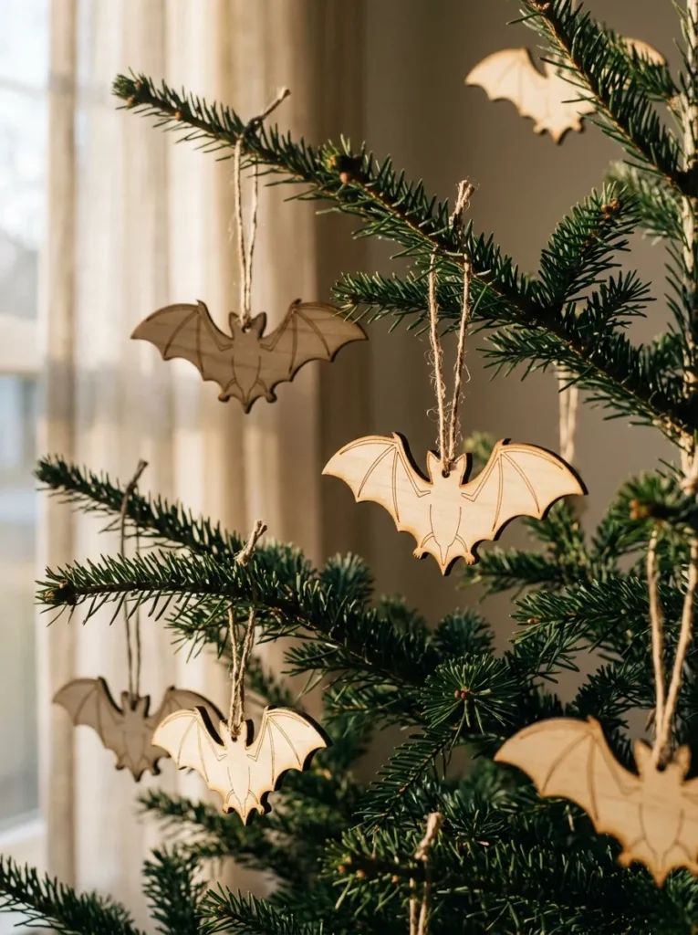 Laser-Etched Basswood Silhouette Bats - halloween ornaments for tree (Precision laser-cut wooden flying bat ornaments with geometric wings)