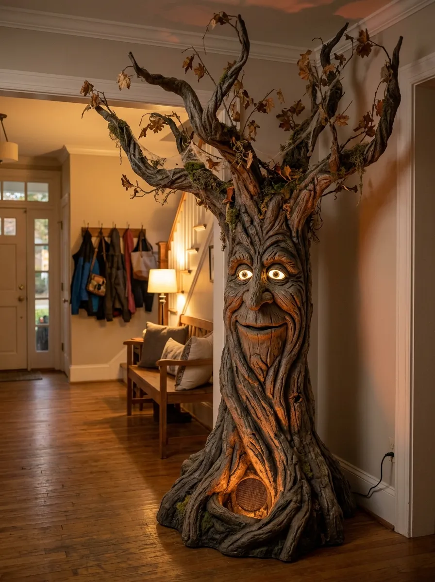 Life-Sized Animated Haunted Talking Tree - halloween spooky tree (Animatronic bark tree figure with glowing eyes and moving mouth branches in entryway)