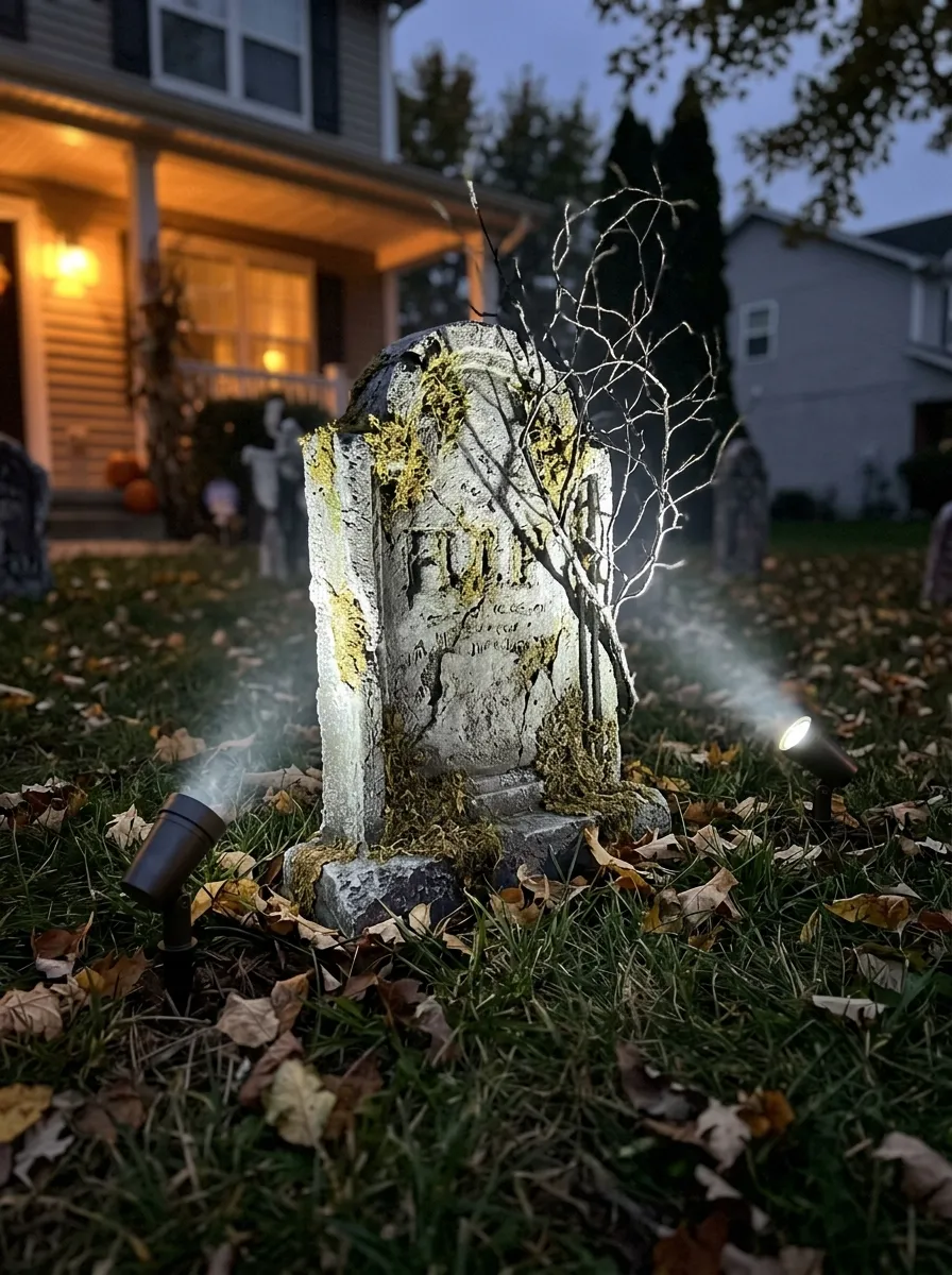 Low-Angle Cross-Lighting Floodlight Placement - graveyard halloween decorations (Cyan blue and amber LED landscape spotlights angled across tombstone faces)