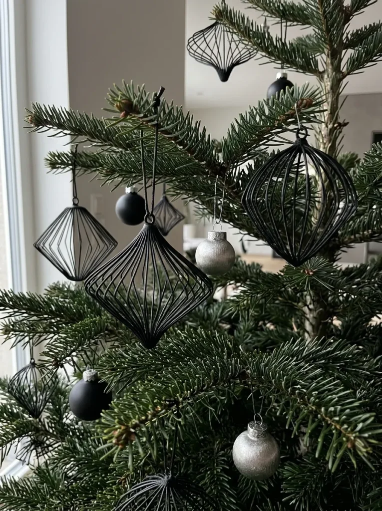 Matte Black Filaments Clusters - dated christmas ornaments (Artisanal matte black filaments clusters arranged as elegant dated christmas ornaments with festive textures and warm ambient lighting)