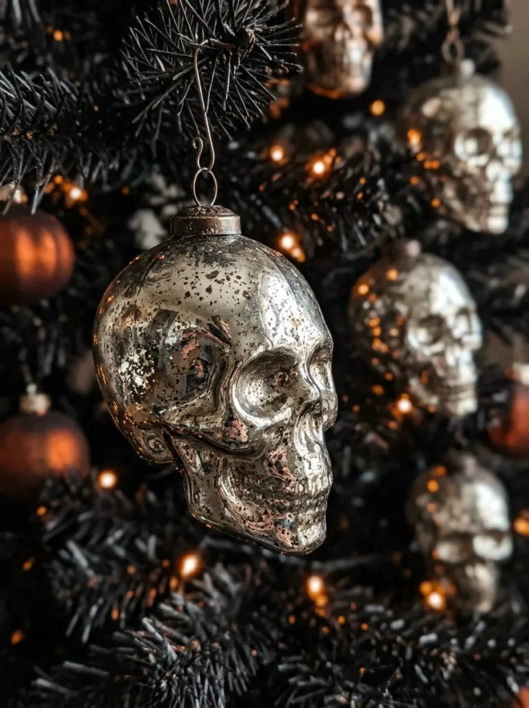 Mercury Glass Blown Skull Baubles - halloween ornament (Shimmering silvered mercury glass skull ornaments with crackle finish suspended by black velvet ribbons)
