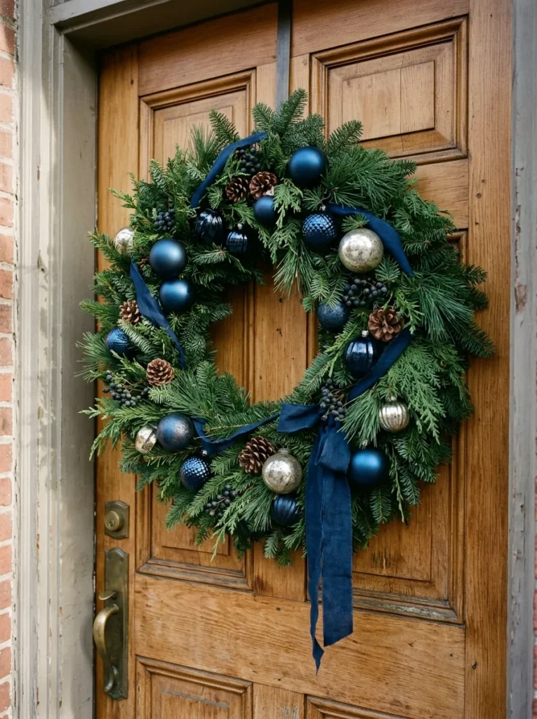 Midnight Sapphire Wreath Features - dated christmas ornaments (Artisanal midnight sapphire wreath features arranged as elegant dated christmas ornaments with festive textures and warm ambient lighting)