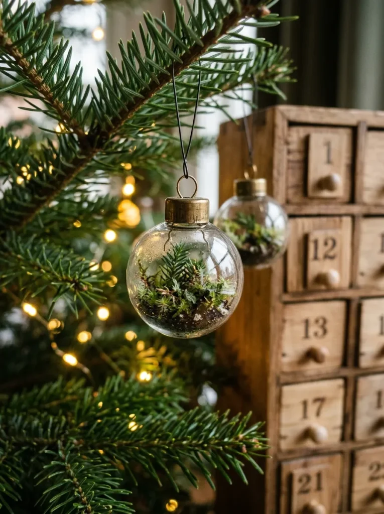 Miniature Botanical Terrarium Globes - zyn christmas calendar (Clear glass terrarium spheres holding preserved moss beside a zyn christmas calendar)