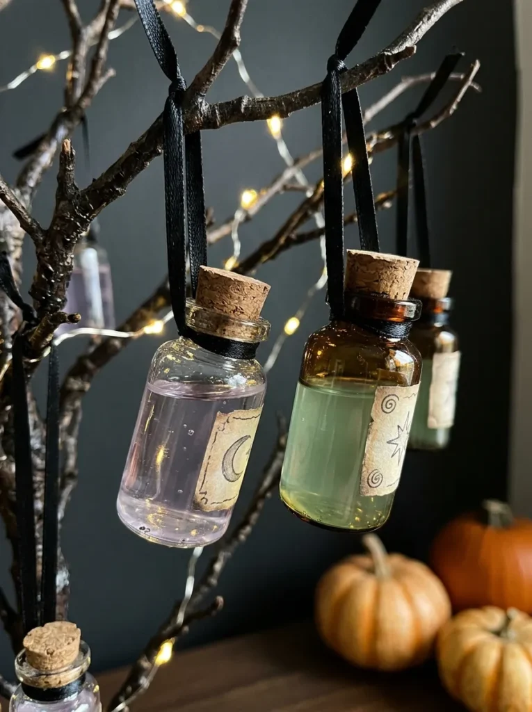 Miniature Corked Potion Bottle Drops - halloween ornament (Tiny corked glass potion bottle ornaments filled with shimmering amethyst and emerald liquid)