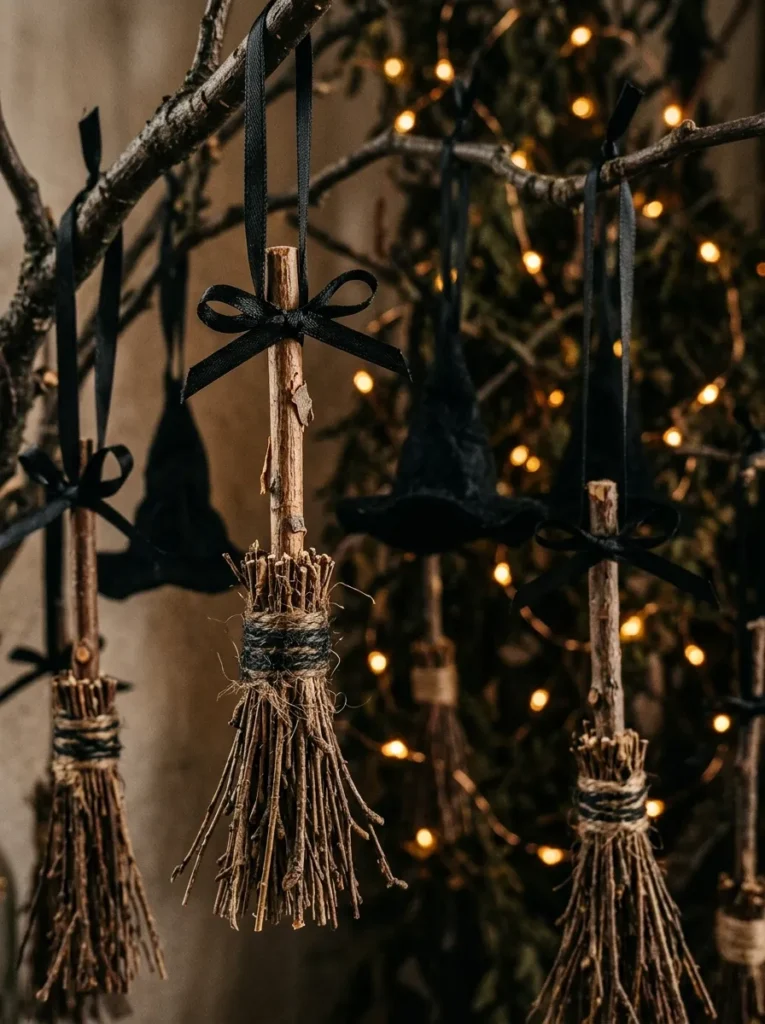 Miniature Witch Broomstick Bundles - halloween ornament (Miniature rustic twig witch brooms tied with twine and purple ribbons scented with lavender)
