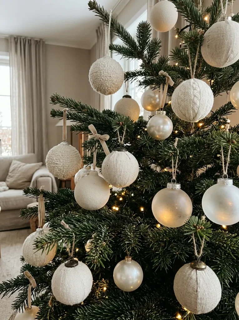 Monochromatic Cashmere White Baubles - light up christmas balls (Soft matte porcelain and chalk white spheres softening the vibrant glow of light up christmas balls)