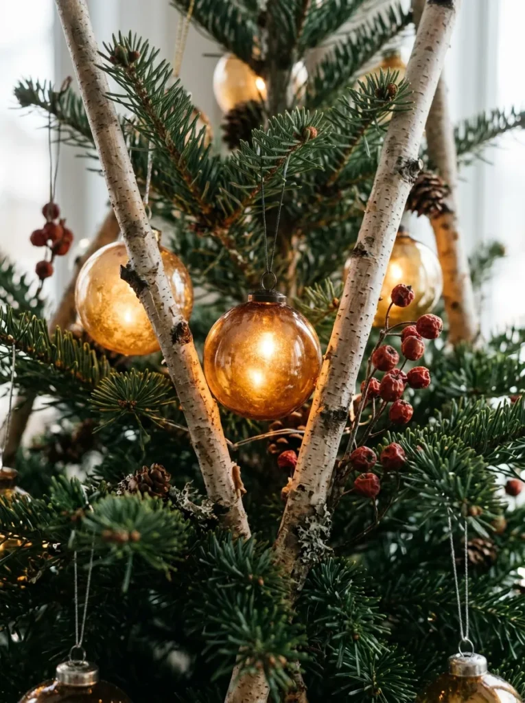 Natural Birch and Dried Berry Sprigs - light up christmas balls (Organic white birch twigs and crimson winter berries nestled among light up christmas balls)