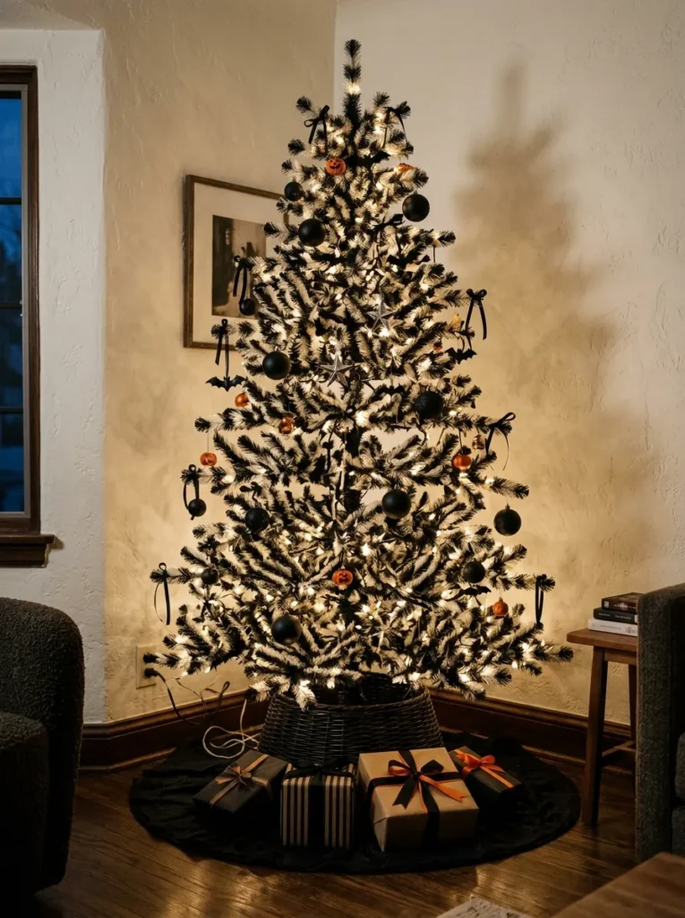 Nightmare Striped Christmas Tree Mashup - halloween christmas decorations (Black and white spiral striped garland and skull Santa hat tree topper on frosted pine tree)