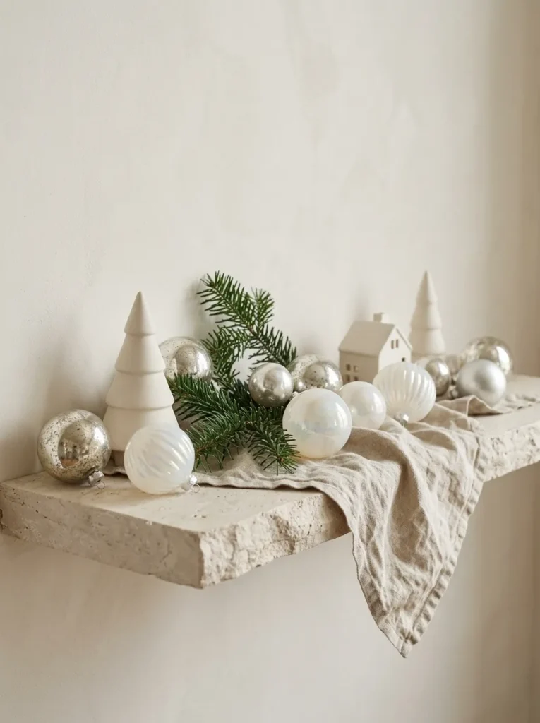 Opal Glass Porcelain Features - silver christmas balls (Artisanal opal glass porcelain features arranged as elegant silver christmas balls with festive textures and warm ambient lighting)