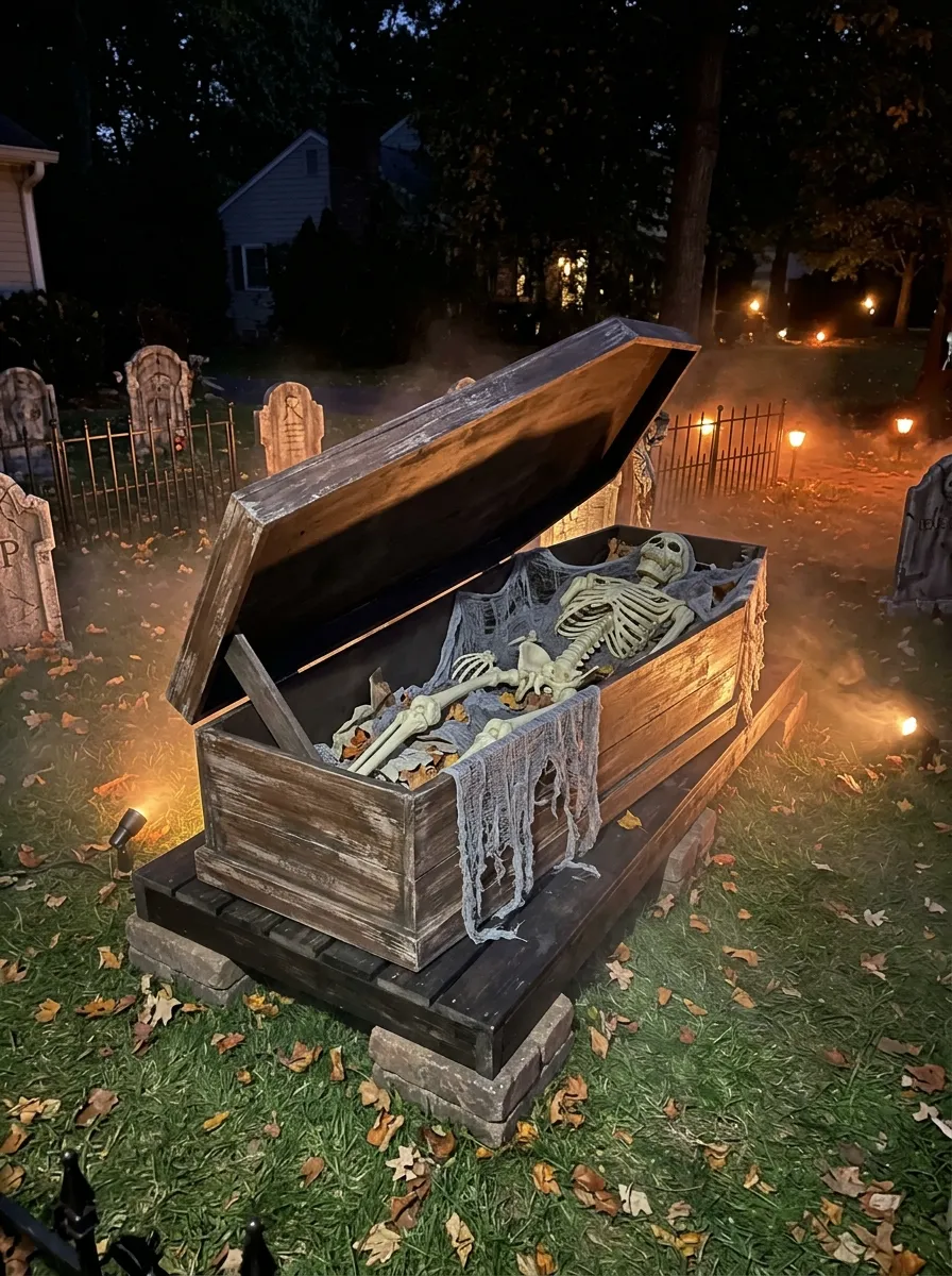 Open Wooden Coffin with Skeleton Occupant - graveyard halloween decorations (Rustic weathered wood toe-pincher coffin propped open on hay mound with Victorian dressed skeleton)