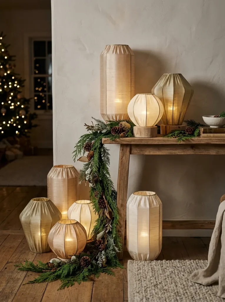 Opulent Silk Lanterns Concepts - magical nights of lights (Shimmering silk fabric lanterns suspended overhead during magical nights of lights)