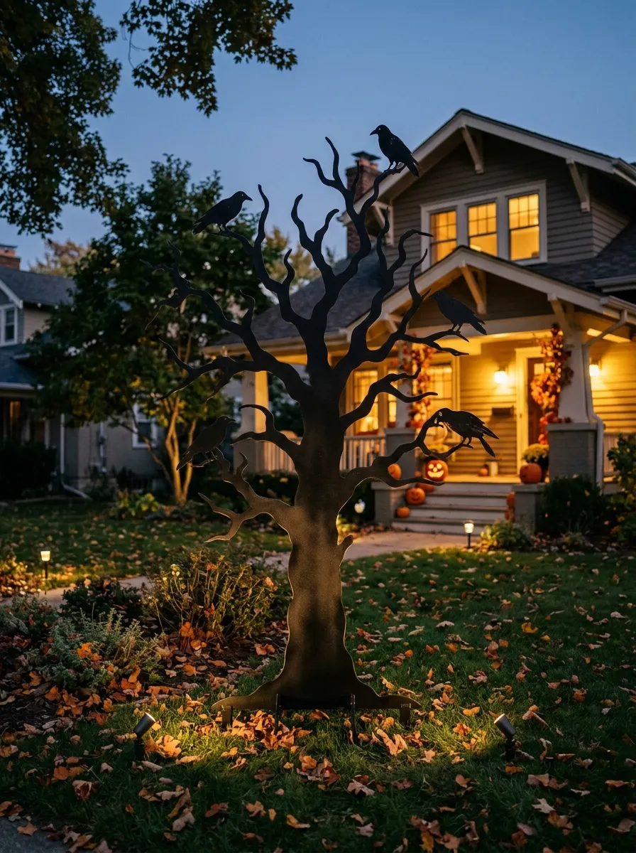 Outdoor Steel Yard Silhouette Tree with Crows - halloween spooky tree (Powder-coated steel spooky tree yard silhouette with perched faux ravens illuminated by green spotlights)