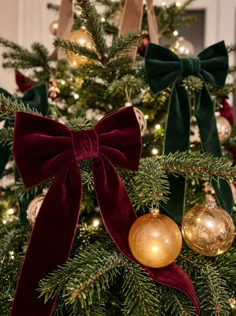 Oversized Matte Velvet Bows - light up christmas balls (Luxurious plush velvet ribbon bows in deep jewel tones adorning tree tiers near light up christmas balls)