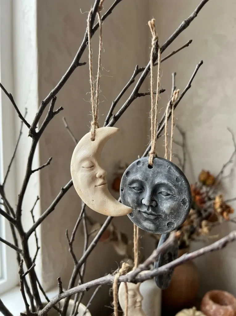 Paper Clay Scraped Moon Face Pendants - halloween ornament (Hand-sculpted paper clay crescent moon face pendants glazed in antique sepia tones)