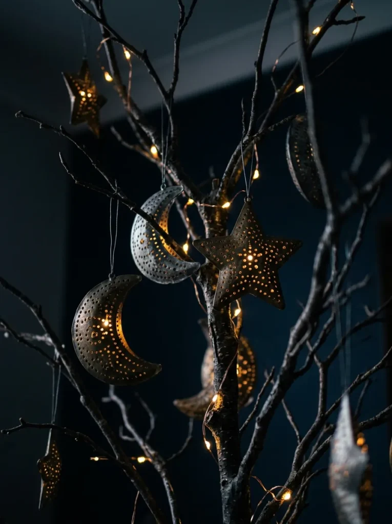 Pierced Metal Tin Star and Moon Lanterns - halloween ornaments for tree (Punched tin mini lantern baubles projecting celestial pattern light)