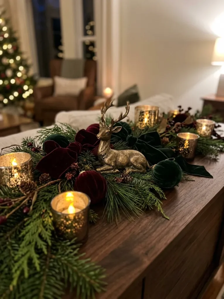 Plush Velvet Candle Arrangements - deer christmas ornaments (Artisanal plush velvet candle arrangements arranged as elegant deer christmas ornaments with festive textures and warm ambient lighting)