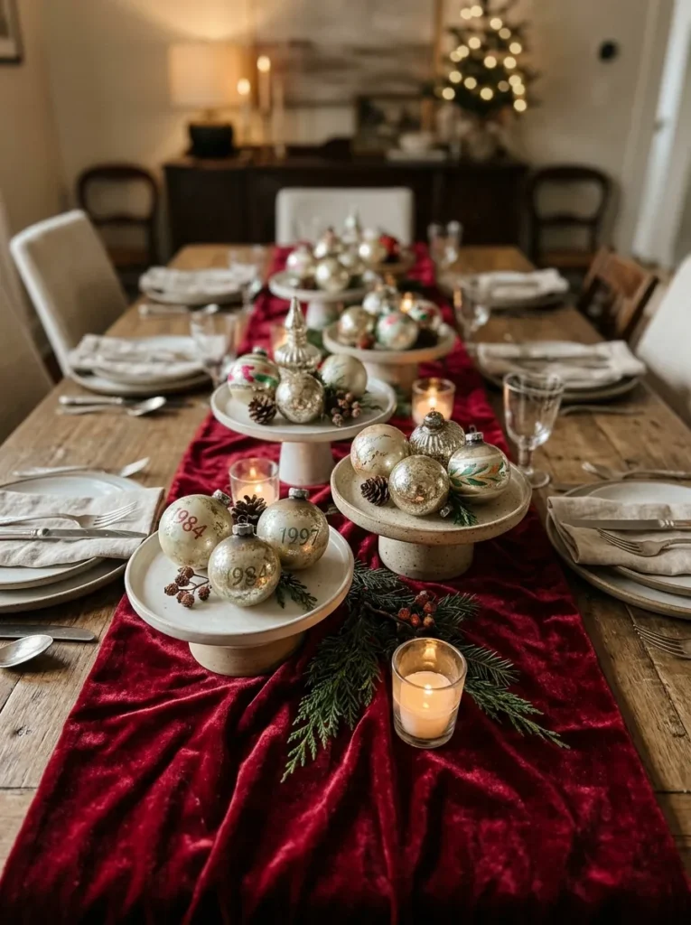 Plush Velvet Runners Tiers - dated christmas ornaments (Artisanal plush velvet runners tiers arranged as elegant dated christmas ornaments with festive textures and warm ambient lighting)