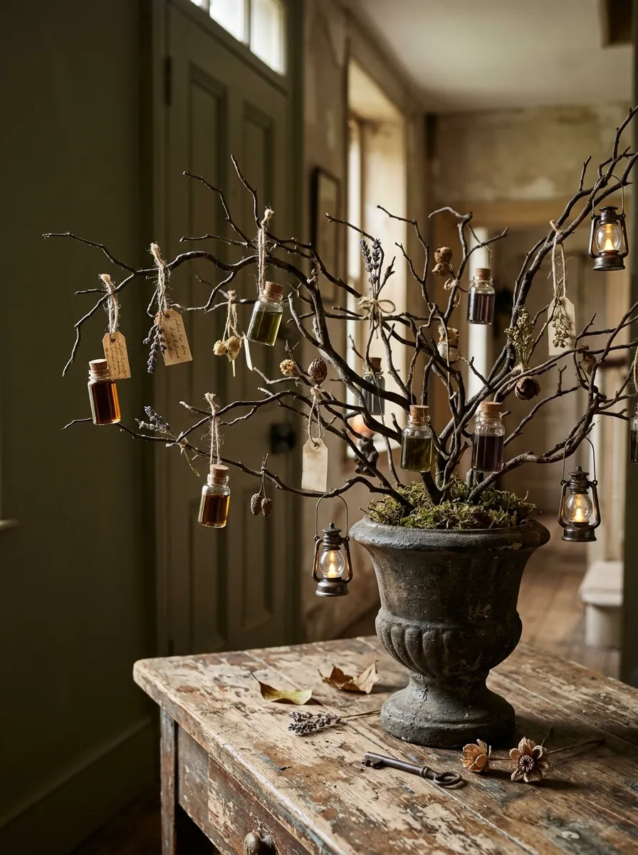 Potion Bottle & Lantern Hanging Tree - halloween spooky tree (Miniature corked apothecary potion vials and brass tin lanterns hanging on bare twisted branches)