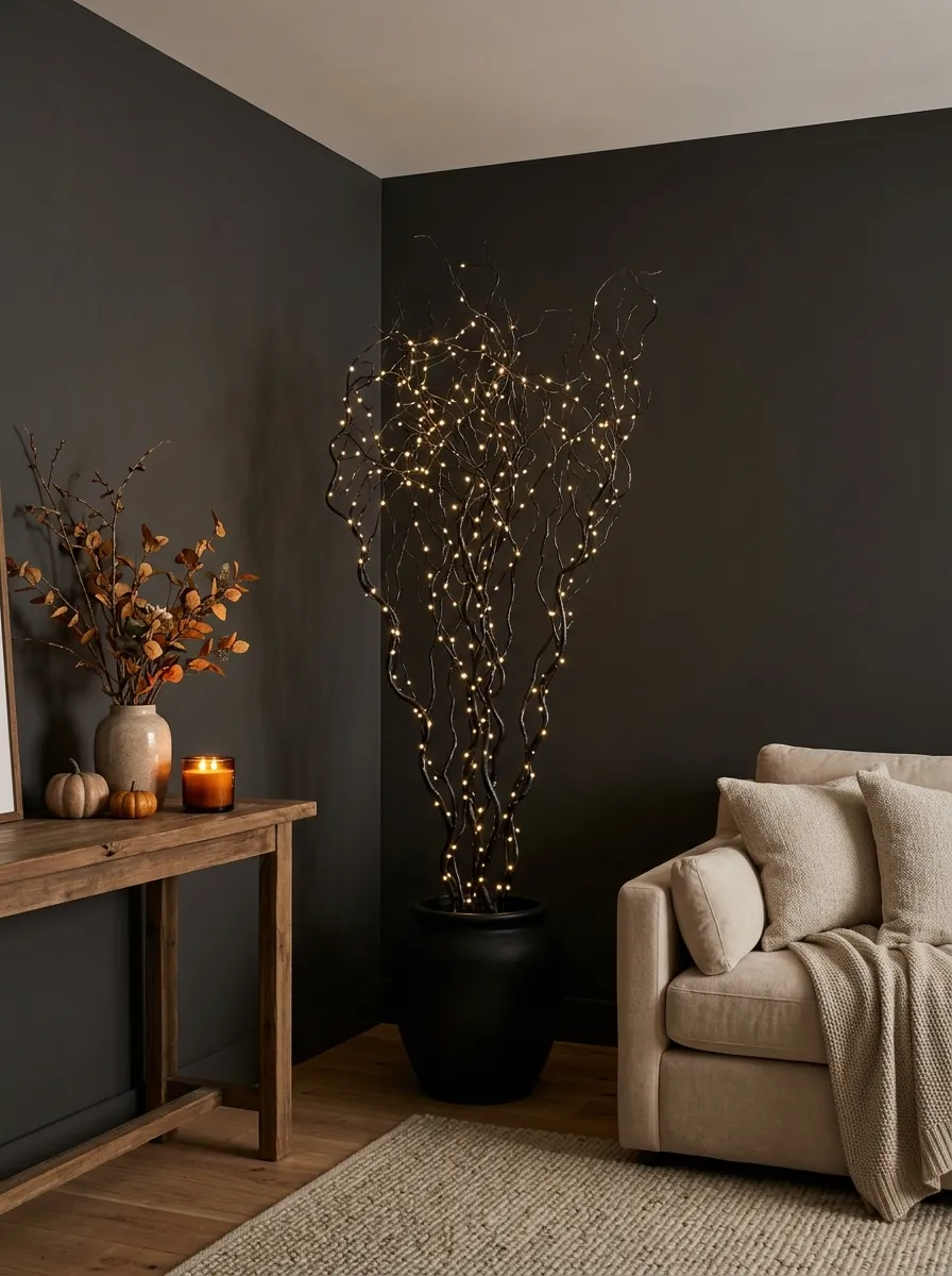 Pre-Lit Black Willow Corner Floor Tree - halloween spooky tree (Six-foot flexible black willow tree with purple and orange micro-LEDs framing living room corner)