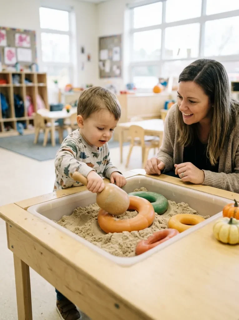 Pumpkin Ring Discovery Sand Dig - halloween games for preschoolers (Kinetic sand sensory bin treasure dig for hidden pumpkin rings)