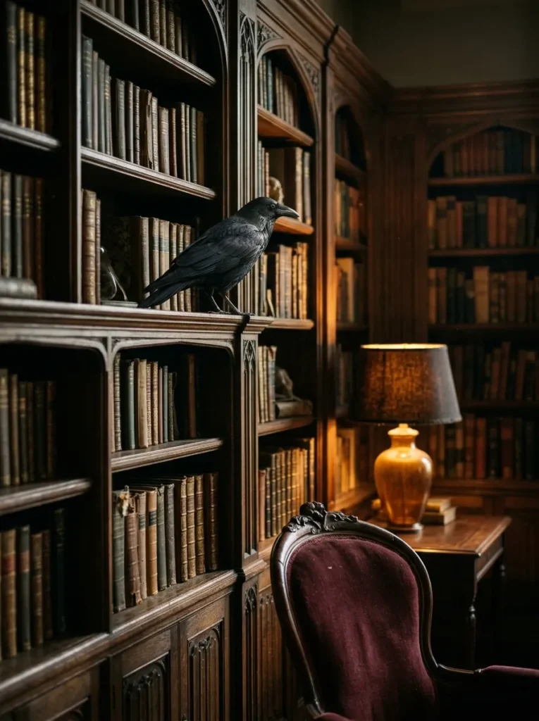 Raven Perched on Gothic Bookshelf