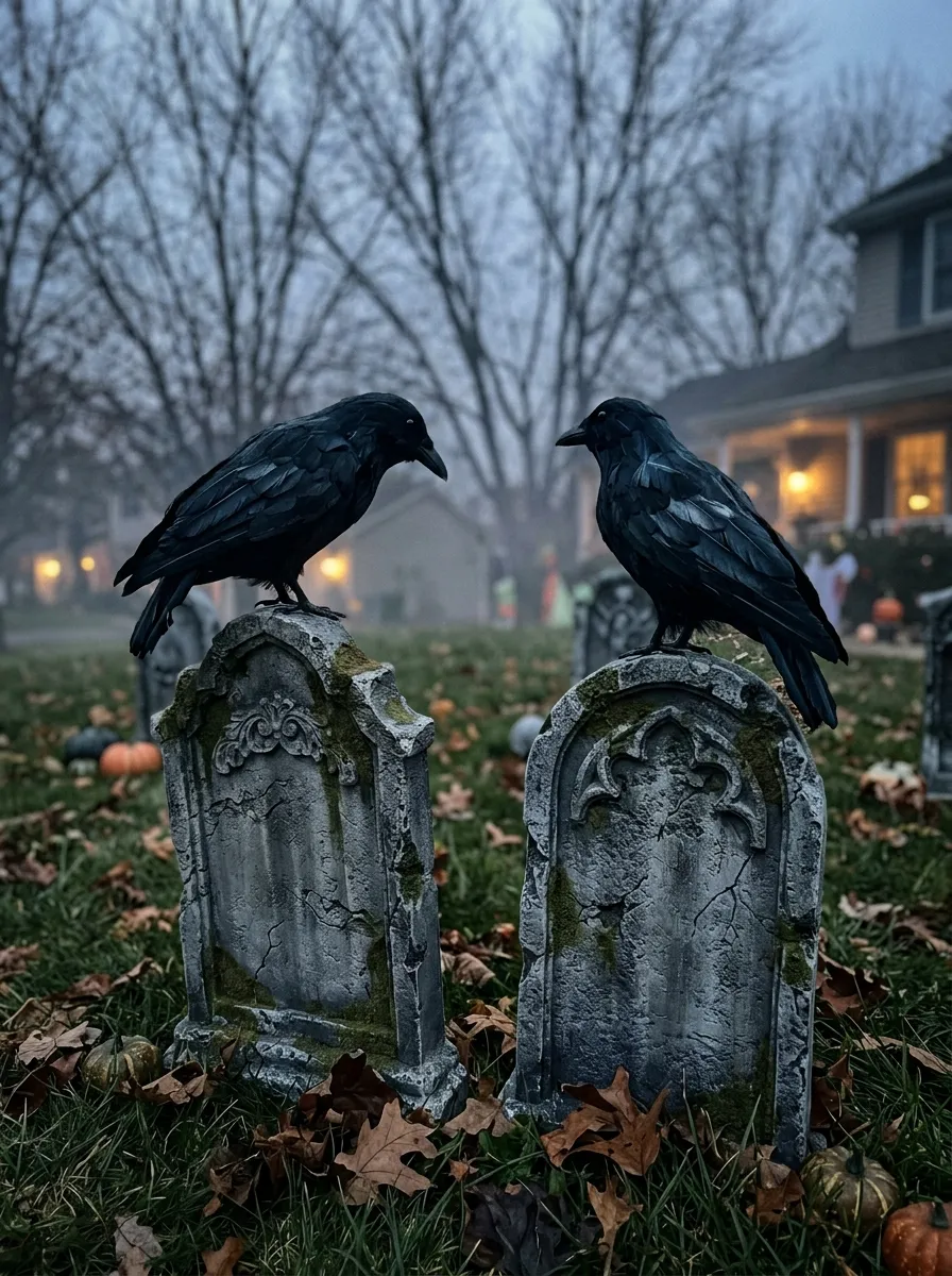 Ravens Perched on Tombstone Crests - graveyard halloween decorations (Realistic feathered black ravens with wired feet perched along top ridges of cemetery tombstones)