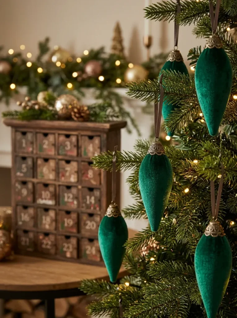 Regal Velvet Emerald Finial Drops - zyn christmas calendar (Deep emerald velvet finial teardrop baubles grounding a zyn christmas calendar arrangement)