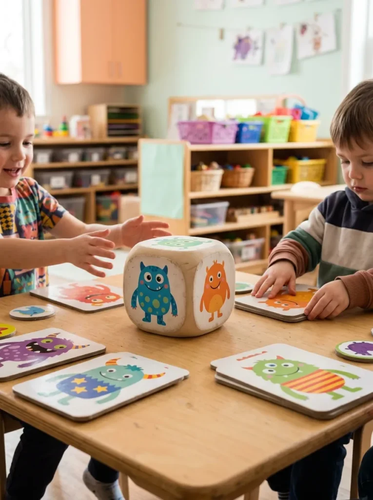 Roll a Friendly Monster Dice Game - halloween games for preschoolers (Foam dice roll a friendly monster game with felt eyes and colorful horns)