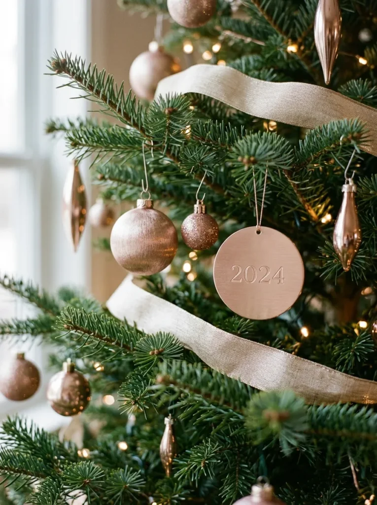 Rose Gold Bough Highlights - dated christmas ornaments (Artisanal rose gold bough highlights arranged as elegant dated christmas ornaments with festive textures and warm ambient lighting)