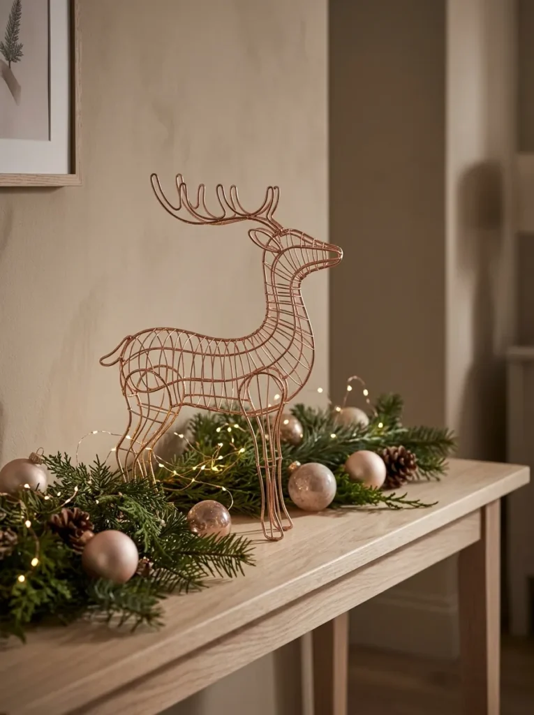 Rose Gold Wire Styling - christmas reindeer decor (Delicate rose gold wire reindeer decor pieces styled across festive holiday branches)
