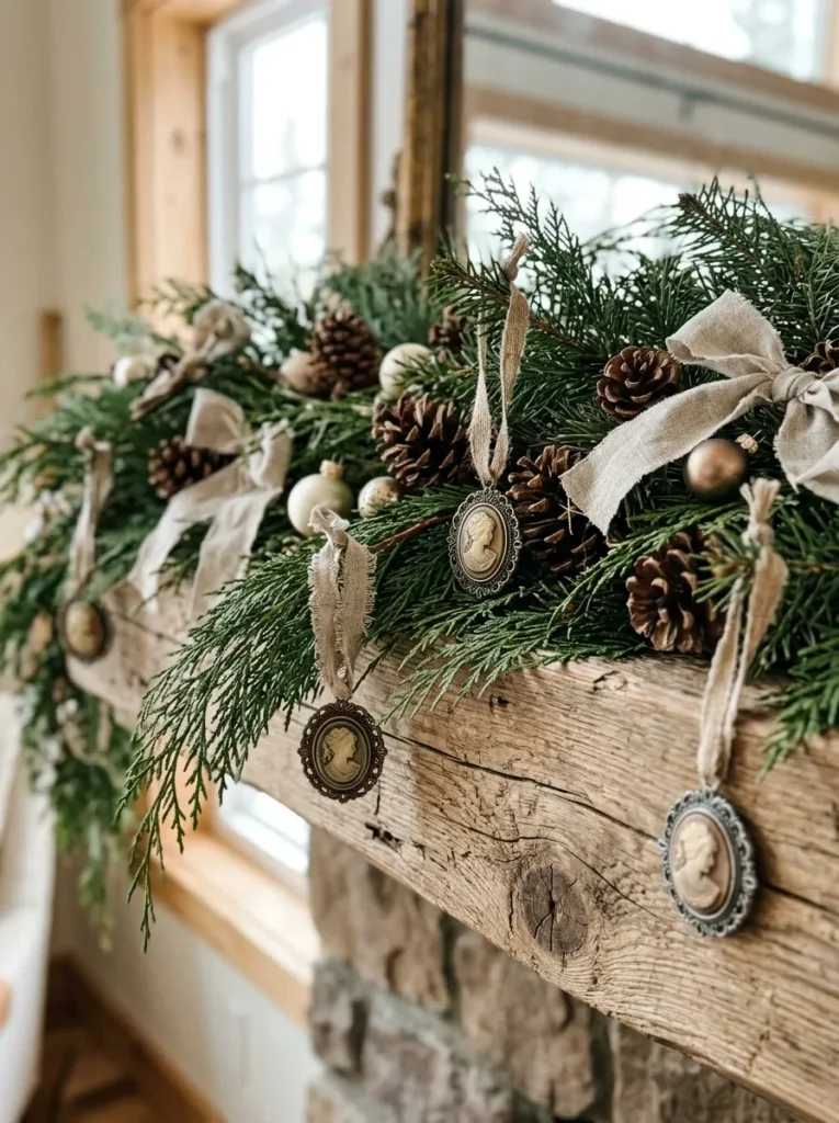Rustic Cedar Cameos Accents - dated christmas ornaments (Artisanal rustic cedar cameos accents arranged as elegant dated christmas ornaments with festive textures and warm ambient lighting)