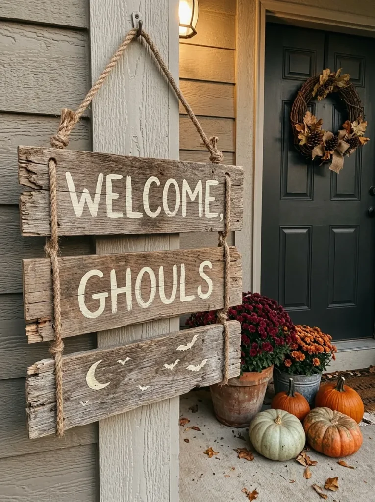 Rustic Hanging Wood Plank Welcome Sign - halloween signs (Three-tiered horizontal slatted wood planks hung by thick jute rope with stenciled Witches Welcome)