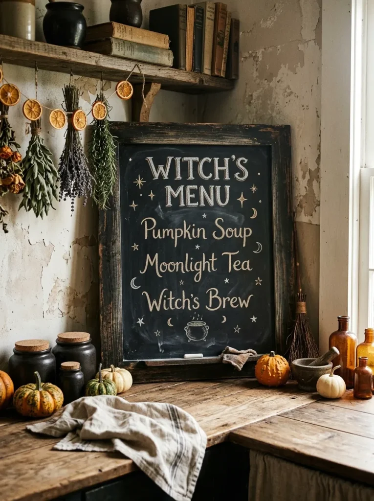 Rustic Witch Kitchen Chalkboard Menu - halloween signs (Framed slate chalkboard with walnut wood border featuring handwritten witch potion brew recipes)
