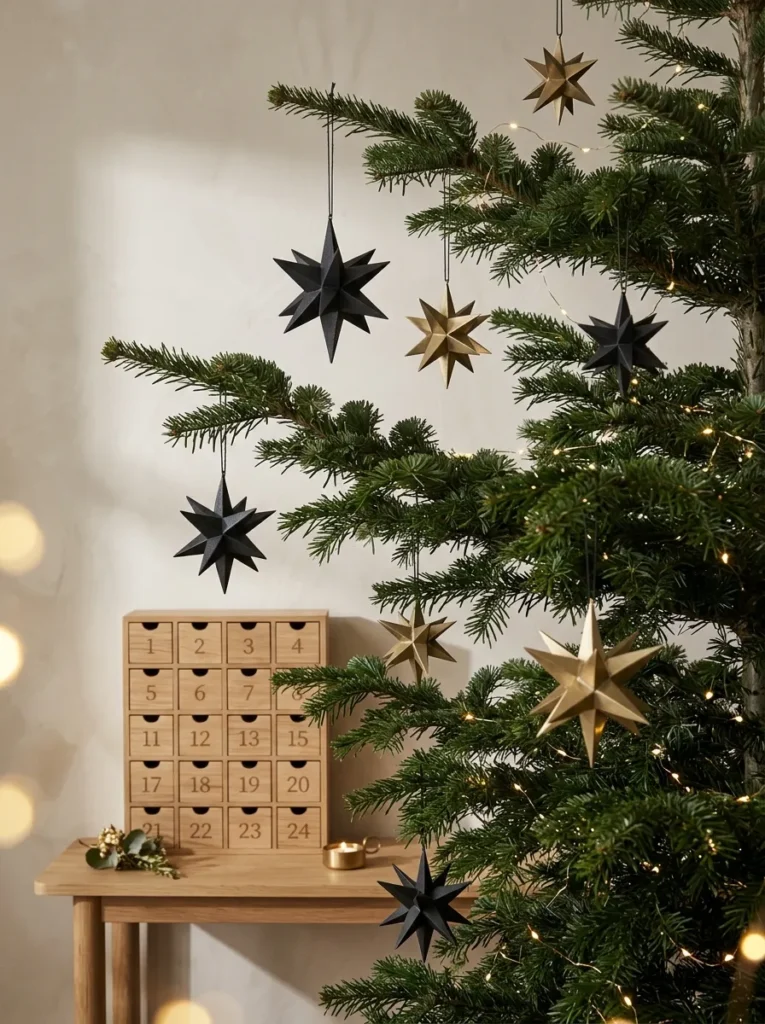 Sculptural Matte Metal Geometric Stars - zyn christmas calendar (Modern architectural metal wire stars framing a zyn christmas calendar station)