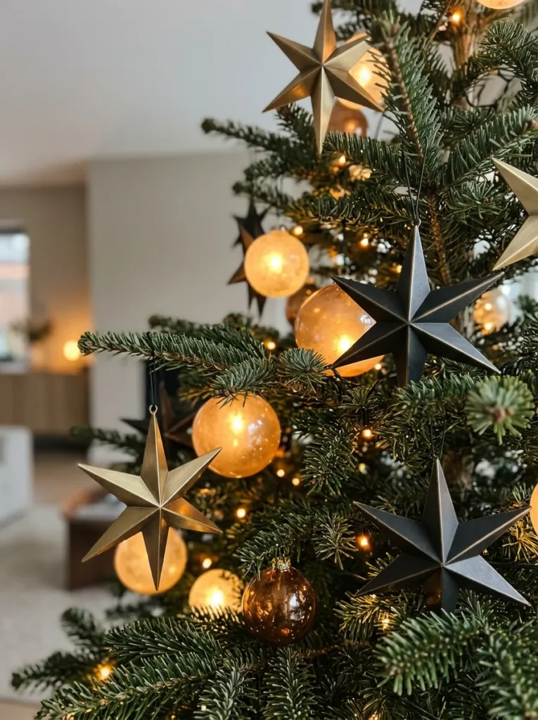 Sculptural Matte Metal Geometric Stars - light up christmas balls (Architectural champagne bronze wire stars surrounding luminous light up christmas balls)