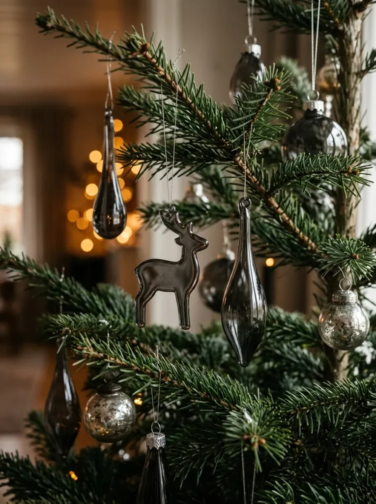 Smoked Glass Pendants Clusters - deer christmas ornaments (Artisanal smoked glass pendants clusters arranged as elegant deer christmas ornaments with festive textures and warm ambient lighting)
