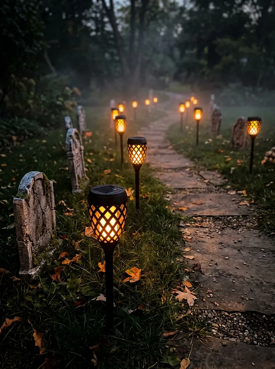 Solar Flickering Flame Torch Path Markers - graveyard halloween decorations (Solar powered dancing flame LED tiki torches staking the walkway past cemetery elements)