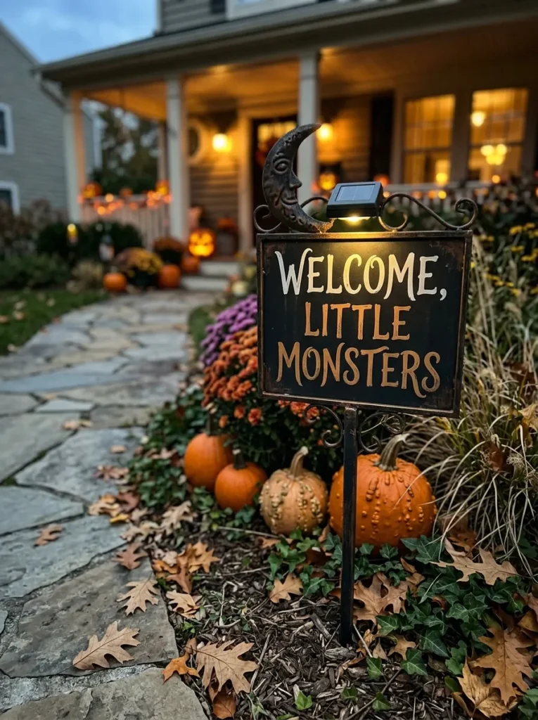 Solar Illuminated Lawn Stake Welcome Marker - halloween signs (Cast iron solar lawn stake sign reading Happy Halloween with flickering amber lantern at driveway)