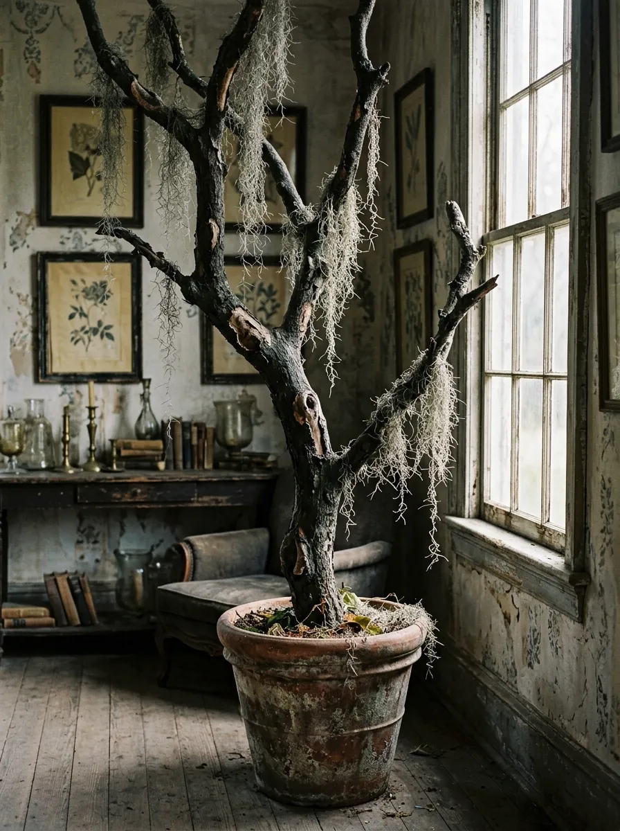 Spanish Moss Draped Southern Gothic Tree - halloween spooky tree (Trailing grey Spanish moss draped over twisted oak branches in galvanized bucket)