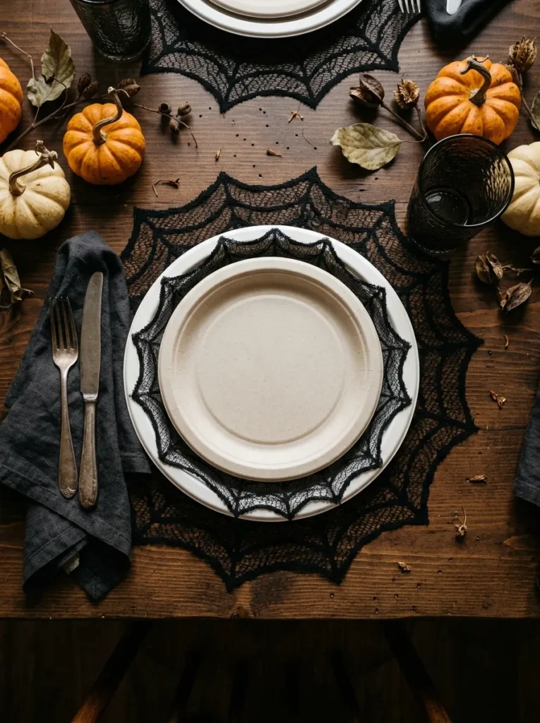 Spider Web Lace Doily Layered Settings - halloween paper plates (Spider web lace doily layered plate settings for festive dining)