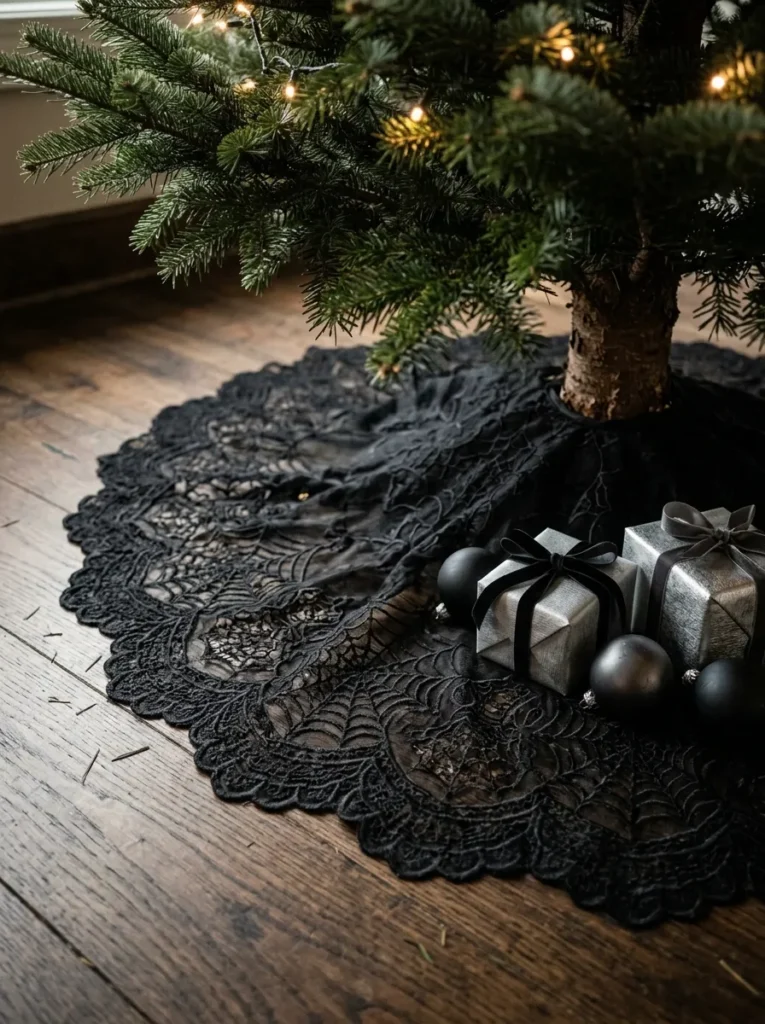 Spider Web Lace Tree Skirt - halloween christmas decorations (Circular black velvet tree skirt with silver metallic spiderweb lace embroidery)