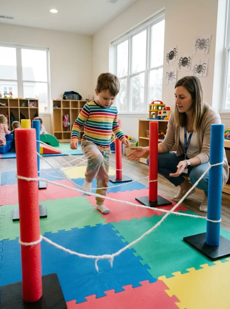 Spider Web Yarn Crawl Challenge - halloween games for preschoolers (Hallway yarn spider web obstacle crawl game for toddlers)