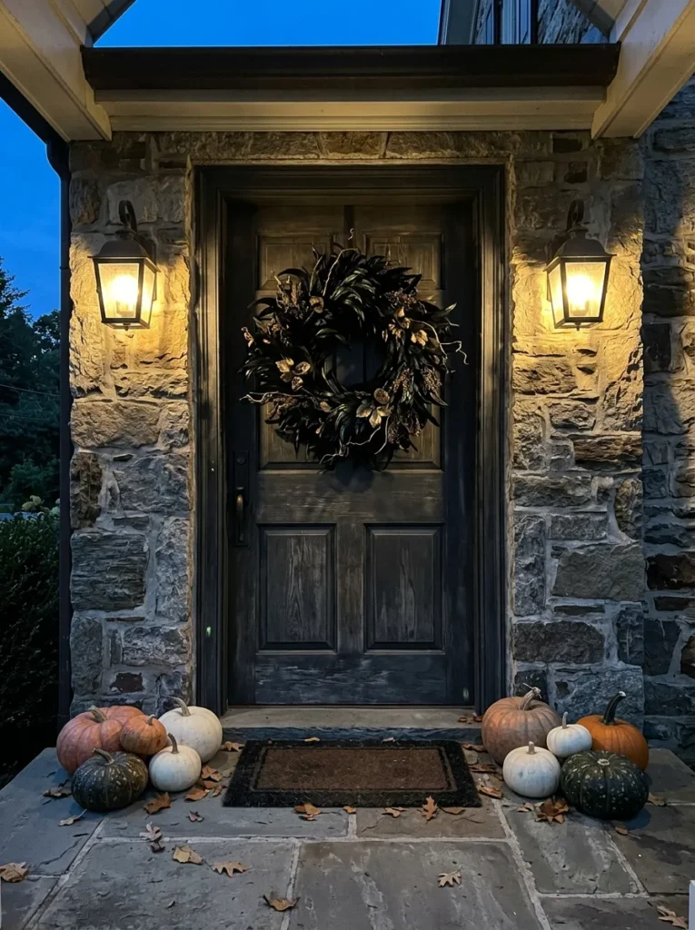 Spooky Black Feather Wreath on Front Door