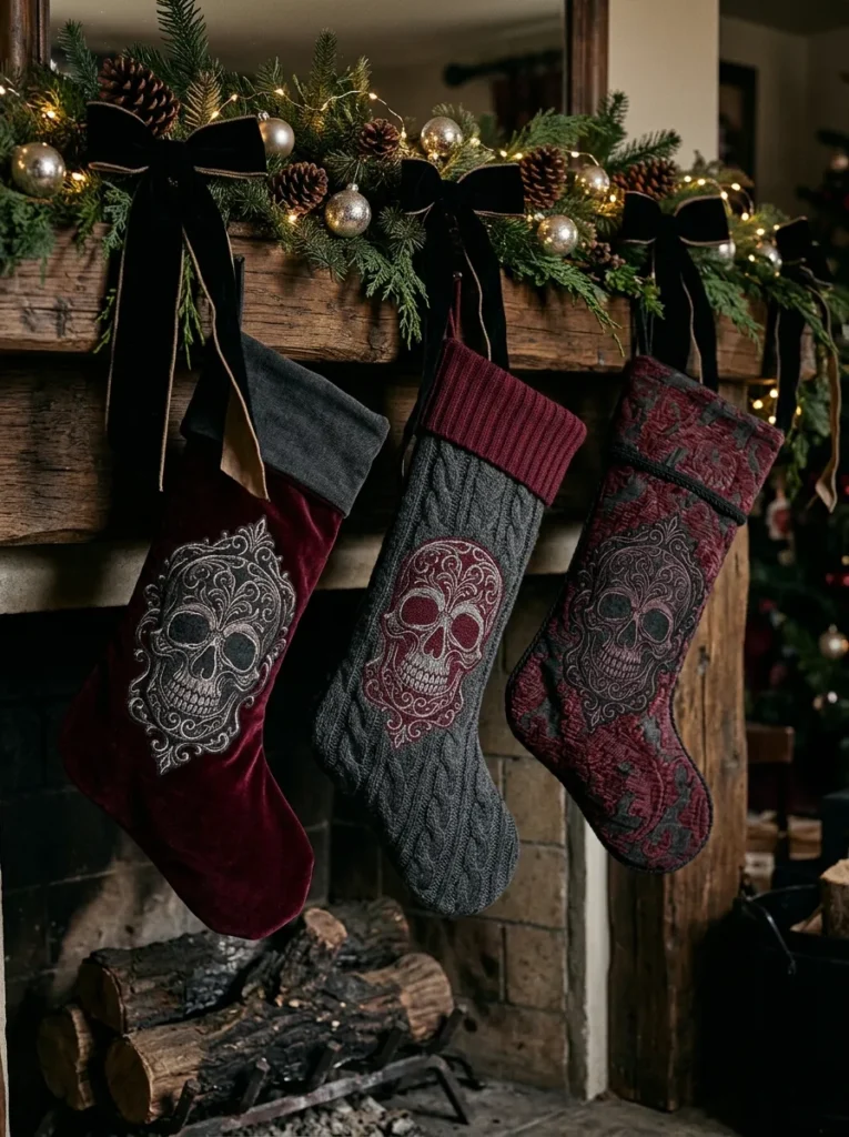 Spooky Skull Stockings on Fireplace Mantel - halloween christmas decorations (Black velvet holiday stockings with silver spiderweb embroidery and faux fur cuffs)